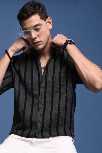men's striped charcoal slim fit shirt