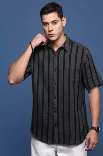 men's striped charcoal slim fit shirt