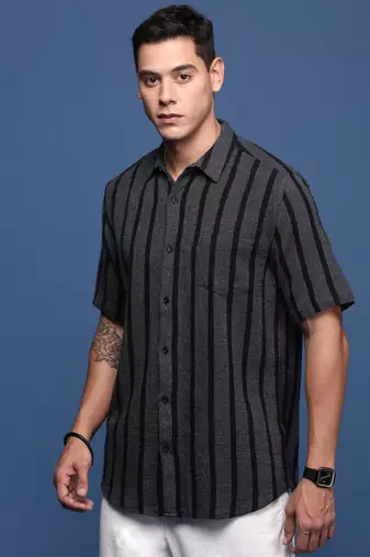 men's striped charcoal slim fit shirt