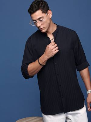 men's mandarin collar solid navy blue slim fit shirt 1