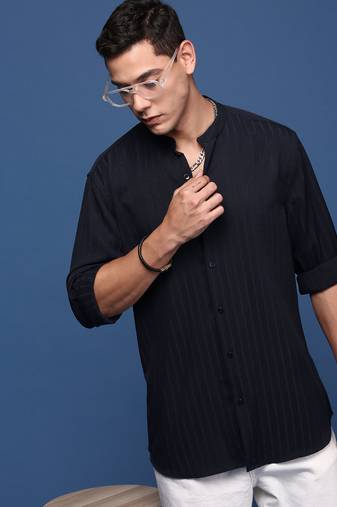 men's mandarin collar solid navy blue slim fit shirt