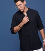 men's mandarin collar solid navy blue slim fit shirt