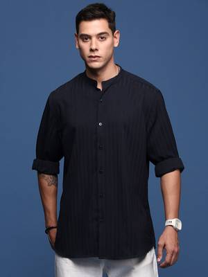 men's mandarin collar solid navy blue slim fit shirt 2