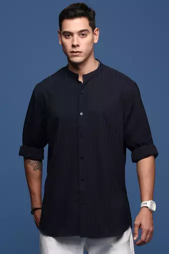 men's mandarin collar solid navy blue slim fit shirt