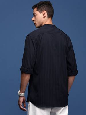 men's mandarin collar solid navy blue slim fit shirt 4