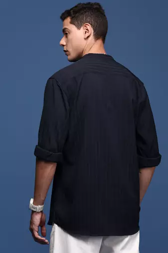 men's mandarin collar solid navy blue slim fit shirt