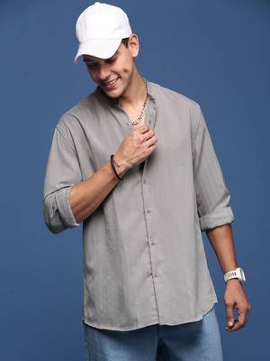 men's mandarin collar solid grey slim fit shirt 1