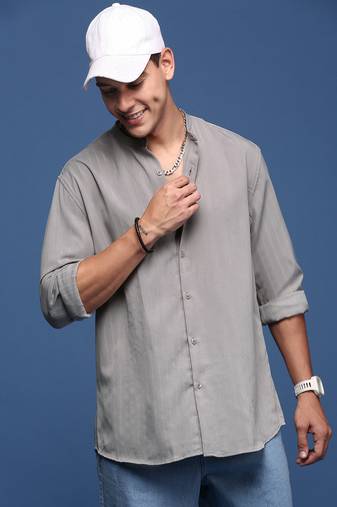 men's mandarin collar solid grey slim fit shirt