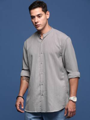 men's mandarin collar solid grey slim fit shirt 3