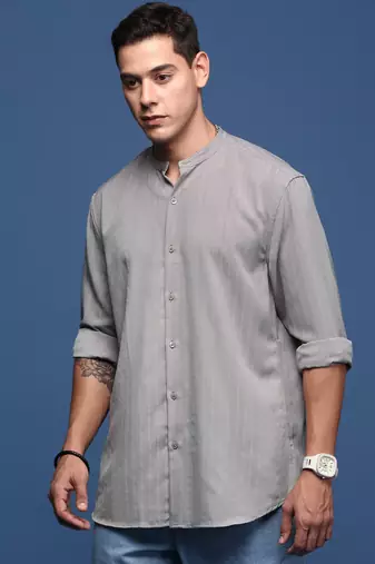 men's mandarin collar solid grey slim fit shirt