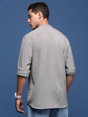 men's mandarin collar solid grey slim fit shirt 4