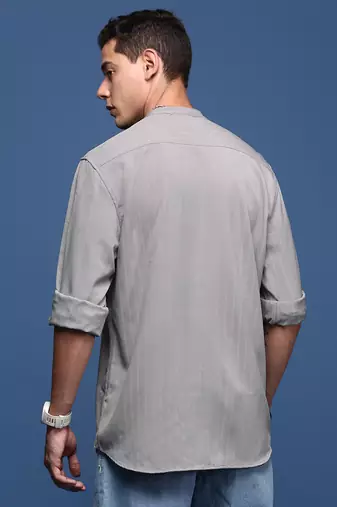 men's mandarin collar solid grey slim fit shirt