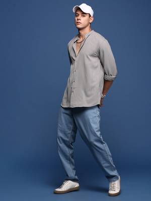 men's mandarin collar solid grey slim fit shirt 5