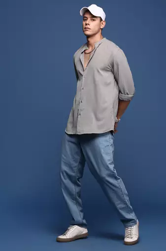 men's mandarin collar solid grey slim fit shirt