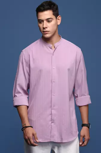 men's mandarin collar solid lavender slim fit shirt