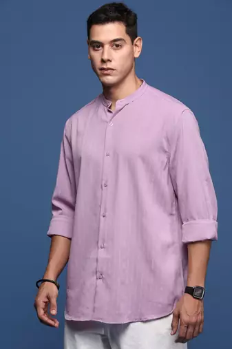 men's mandarin collar solid lavender slim fit shirt