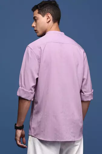 men's mandarin collar solid lavender slim fit shirt