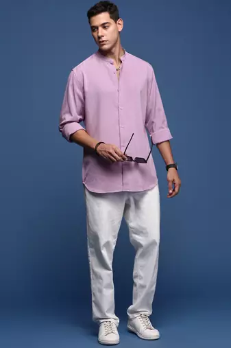 men's mandarin collar solid lavender slim fit shirt