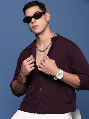 men's mandarin collar solid burgundy slim fit shirt 1