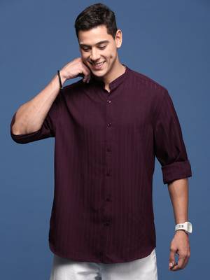men's mandarin collar solid burgundy slim fit shirt 2