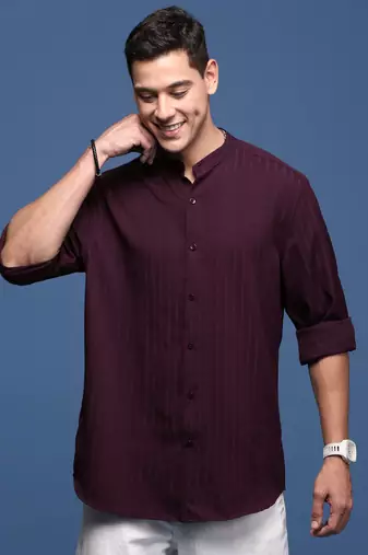 men's mandarin collar solid burgundy slim fit shirt