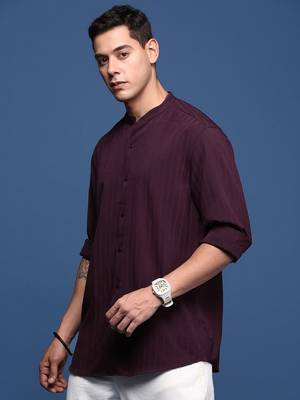 men's mandarin collar solid burgundy slim fit shirt 3
