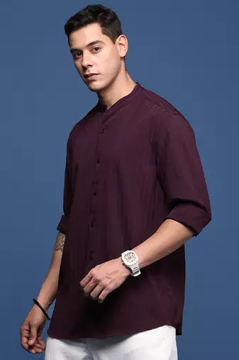 men's mandarin collar solid burgundy slim fit shirt