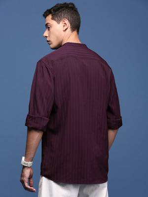 men's mandarin collar solid burgundy slim fit shirt 4