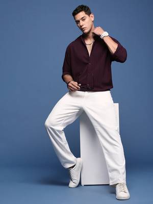 men's mandarin collar solid burgundy slim fit shirt 5