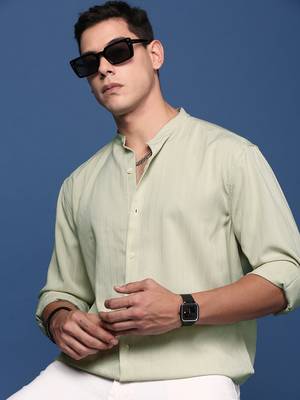 men's mandarin collar solid green slim fit shirt 1