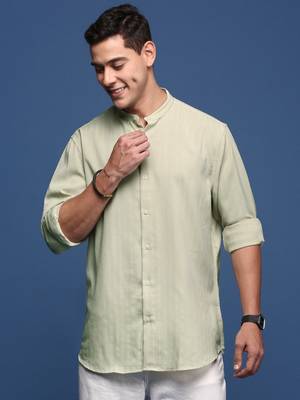 men's mandarin collar solid green slim fit shirt 2