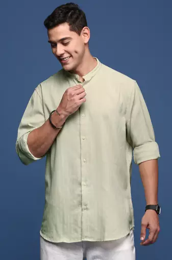 men's mandarin collar solid green slim fit shirt
