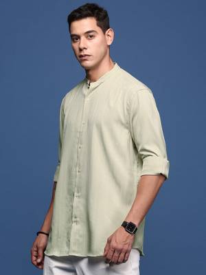 men's mandarin collar solid green slim fit shirt 3