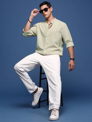 men's mandarin collar solid green slim fit shirt 5