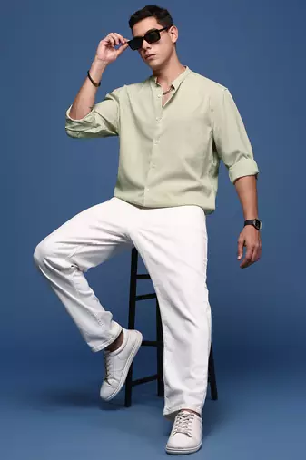 men's mandarin collar solid green slim fit shirt