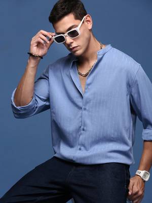 men's mandarin collar solid blue slim fit shirt 1