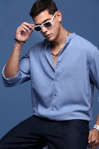 men's mandarin collar solid blue slim fit shirt