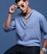 men's mandarin collar solid blue slim fit shirt