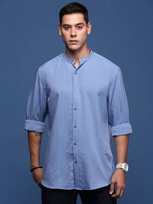 men's mandarin collar solid blue slim fit shirt 2