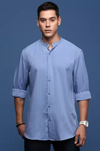 men's mandarin collar solid blue slim fit shirt