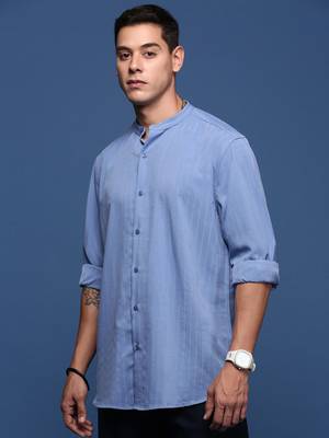 men's mandarin collar solid blue slim fit shirt 3