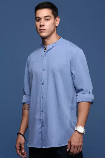 men's mandarin collar solid blue slim fit shirt