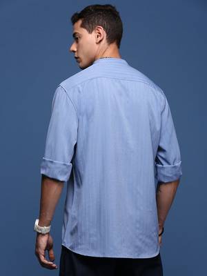 men's mandarin collar solid blue slim fit shirt 4