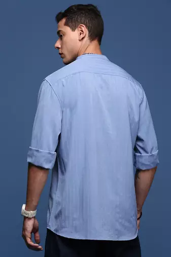 men's mandarin collar solid blue slim fit shirt