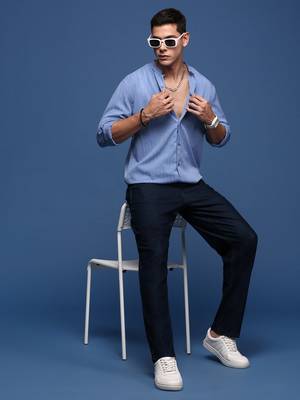 men's mandarin collar solid blue slim fit shirt 5