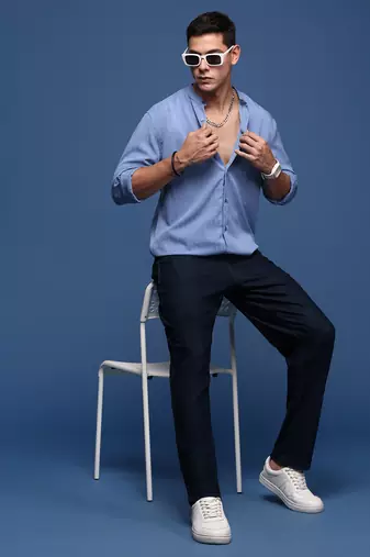 men's mandarin collar solid blue slim fit shirt