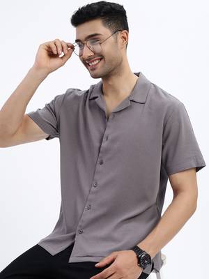 men's grey solid cuban collar relaxed fit shirt 1