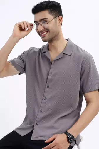 men's grey solid cuban collar relaxed fit shirt