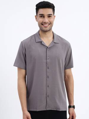 men's grey solid cuban collar relaxed fit shirt 2