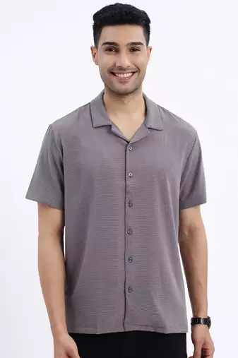 men's grey solid cuban collar relaxed fit shirt